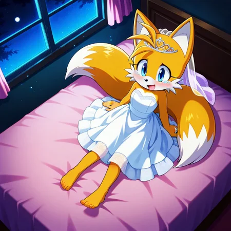 moe, cute,masterpiece, super fine illustration, best quality, light particles, ultra-detailed, 8K wallpaper,zuppu11,
high-angle view,from above, background:hotel,bedroom,bed,pink bed,love bed,indoors,Window,night,dark,moon,shiny,night time, night sky, dark blue lighting, on bed, lying ,heart_symbol, 
female,1girl,canid,fox,
sonic the hedgehog \(series\), (Miles Prower),tails \(sonic\), 
yellow fur,white fur,[white chest tuft:0.5],white inner ears,two tails,
wedding dress, wedding veil,white dress,skirt,wedding ring ,tiara, sfw, blush, 
blue eyes,smile,  looking pleasured,looking fun, open smile mouth,tears,happy tears,tears of joy,
