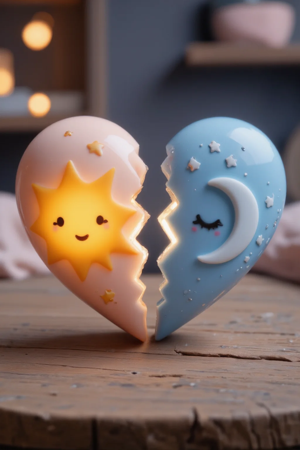 <lora:Heartbreak:0.8>, heartbreak split heart, A highly detailed, 3D-rendered broken heart in a cute and playful style. Each half represents two opposing yet charming forces. The left side is warm pastel yellow with a smiling sun, glowing softly, surrounded by little sparkles. The right side is deep pastel blue with a sleepy crescent moon, emitting a cool, dreamy aura with tiny stars around it. A soft glowing crack separates the halves, showing contrast but also harmony. The background is softly blurred with cozy ambient lighting, enhancing the depth and cuteness of the heart.âââ