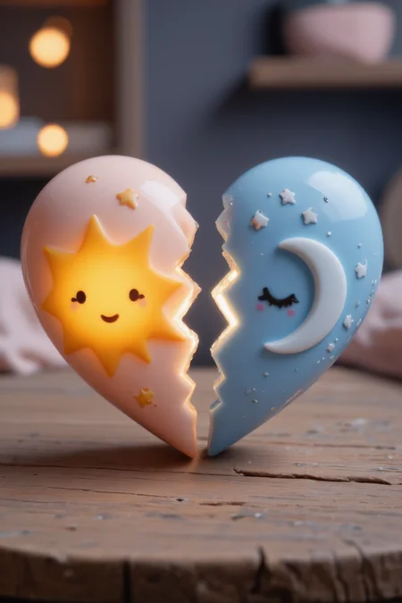 <lora:Heartbreak:0.8>, heartbreak split heart, A highly detailed, 3D-rendered broken heart in a cute and playful style. Each half represents two opposing yet charming forces. The left side is warm pastel yellow with a smiling sun, glowing softly, surrounded by little sparkles. The right side is deep pastel blue with a sleepy crescent moon, emitting a cool, dreamy aura with tiny stars around it. A soft glowing crack separates the halves, showing contrast but also harmony. The background is softly blurred with cozy ambient lighting, enhancing the depth and cuteness of the heart.âââ