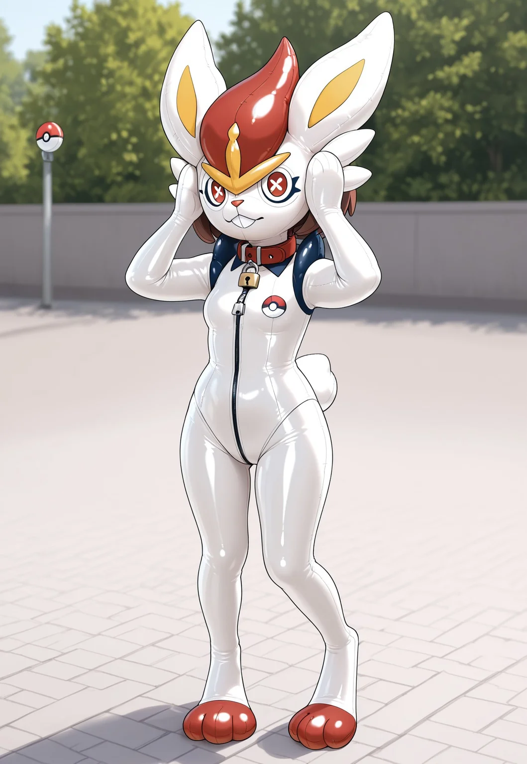  masterpiece, high quality, score_9, score_8_up, score_7_up, solo,1girl, shiny, zzGloria, brown hair, short hair, white latex skin, living inflatable, bylivinginflatable, animate inanimate, living plushie, collar, zipper, public background, outdoors, [red bag over head::0.1], ,cinderace_(pokemon), mask,(button eyes):1.75), cosplay, covered face, padlock, animal collar, covered neck, full body, bunny ears, red-white latex fur, buck teeth, rabbit feet,
