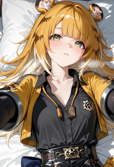 1girl,solo,Ju_Fufu, animal ear fluff, animal ears, tiger girl, tiger tail, green eyes, blonde hair, long hair, tail ornament, tail bow, blue bow, multicolored hair, colored inner hair, blunt bangs, black shorts, fingerless gloves, short shorts, yellow jacket, collared shirt, short sleeves, cropped jacket, thigh strap, black shirt, high-waist shorts, open jacket, shirt tucked in,  sleeves past wrists,looking_at_viewer, (upper_body:1.3), on back, evening, on bed, on back, heavy breathing, collarbone, partially_unbuttoned shirt, blush, reaching_towards_viewer, close up neck, collarbone focus,
masterpiece,best quality,amazing quality,very awa,absurdres,newest,very aesthetic,depth of field,highres,