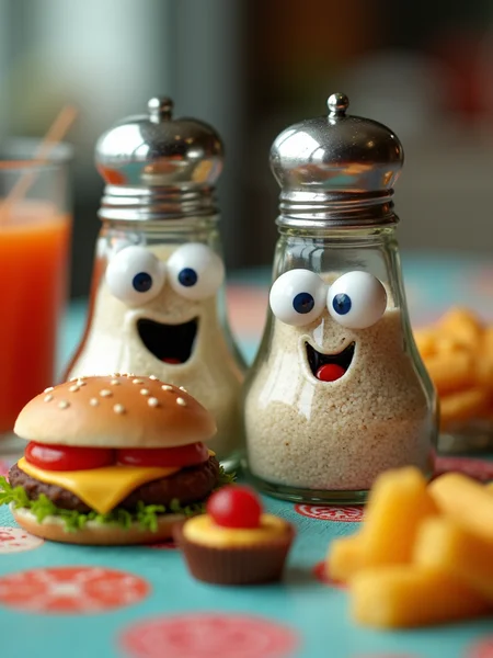 A close-up of a whimsical salt and pepper shaker duo, with the salt shaker having big, sparkling eyes and a cheeky smile, while the pepper shaker has a surprised expression. They are sitting on a colorful tablecloth, surrounded by tiny, playful food items like mini burgers and cupcakes, creating a fun and exaggerated scene.
