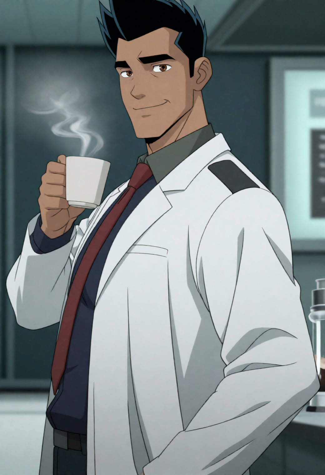 masterpiece,best quality,(anime screencap:0.7),
1boy,manly,
<lora:caesar_salazar_NAI_EPS_1_0_CAME_v1_rev2:1>,
c43s4r5,black hair,short hair,spiked hair,brown eyes,thick eyebrows,dark skin,
dark blue shirt,collared shirt,red necktie,lab coat,white coat,cowboy shot,holding cup,coffee,steam,looking at viewer,smile,laboratory,from side,
blurry background,depth of field,âââ,âââ