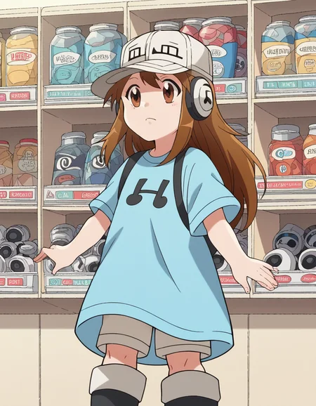 score_9, score_8_up, score_7_up, source_anime, <lora:platelet-s1-ponyxl-lora-nochekaiser:1>, platelet, long hair, brown hair, brown eyes,, shirt, hat, short sleeves, boots, white headwear, blue shirt, flat cap,, music store, browsing records, headphones, vinyl collection, nostalgic, , , hand palm facing down, solo,, cowboy shot, dutch angle
