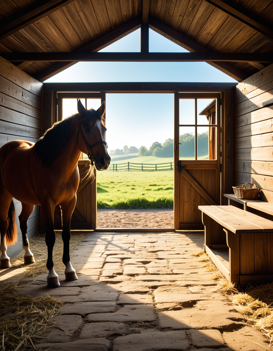 A rustic horse stable in the countryside, built with aged wooden beams and stone foundations, bathed in warm golden sunlight. The stable doors are slightly open, revealing the soft hay-covered floor inside. Horses stand calmly in their stalls, their glossy coats catching the light. Dust particles float in the air, illuminated by the sunbeams filtering through the gaps in the wooden planks. The atmosphere is serene, with a vintage, timeless feel. Weathered saddles and bridles hang neatly on the stable walls, and an old wooden cart sits nearby. The background features rolling green fields and a clear blue sky, creating a peaceful rural setting. Ultra-detailed, photorealistic, warm tones, cinematic lighting, sharp textures.
<lora:SDXLFaeTastic2400:0.4> <lora:extremely_detailed:0.4> extremely detailed,<lora:rustic_horse_st4bl3:1>,rustic horse st4bl3, Masterpiece,best quality,hi res,8k,hi res,8k,award winning,(sharp focus, intricate, highly detailed),