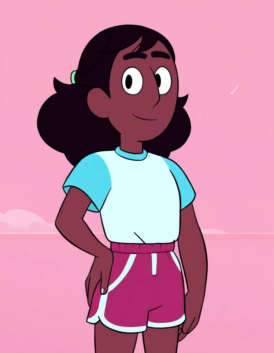 <lora:ConnieMaheswaranPony:1> connie, 1girl, brown hair, dark-skinned female, solo, black eyes, tied hair, white t-shirt, dolphin shorts,, score_9, score_8_up, score_7_up, score_6_up, score_5_up, score_4_up, looking at viewer, hand on own hip, cowboy shot,smile, outdoors, pink background,