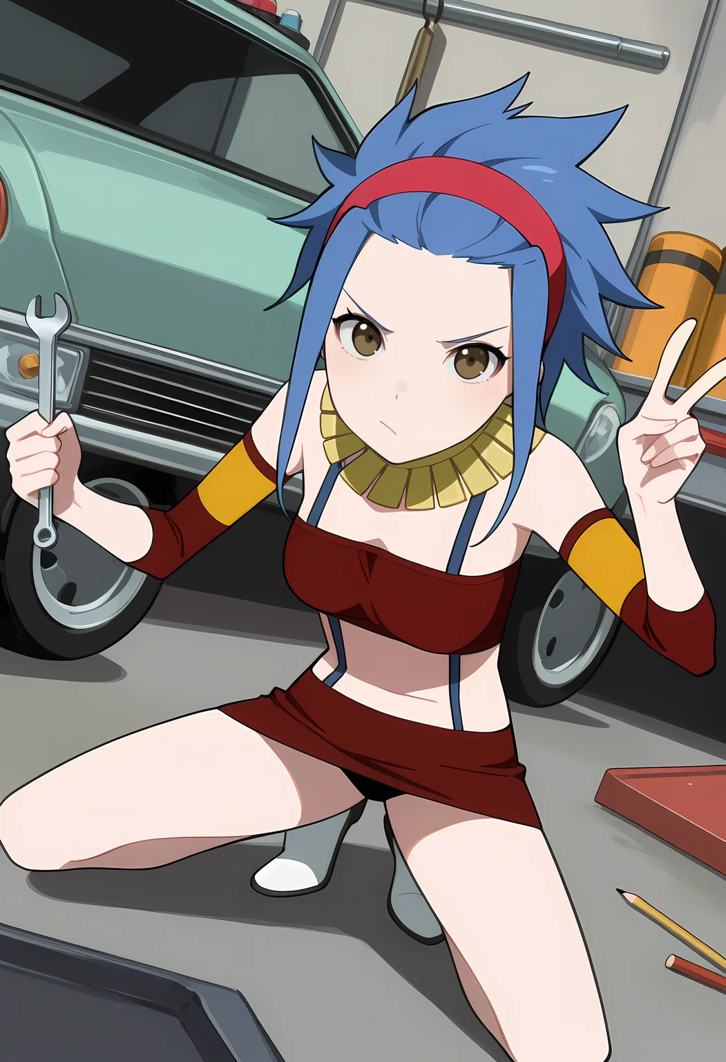 1girl, solo, lam \(ramdayo\)
<lora:LevyMcGardenEdolas_Illu_Dwnsty:1>, lvymcgrdls, brown eyes, blue hair, medium hair, spiked hair, hair slicked back, sidelocks, red headband, red crop top, tube top, detached sleeves, two-tone sleeves, red sleeves, yellow sleeves, usekh collar, suspenders, red skirt, pencil skirt, miniskirt,
workshop, car, holding wrench, v, foreshortening, squatting, dutch angle,
medium breasts, detailed face, detailed eyes, cowboy shot,
masterpiece, absurdres, amazing quality, aesthetic, newest,