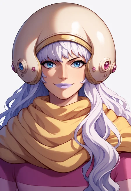 score_9, score_8_up, score_7_up, score_6_up, score_5_up, score_4_up, BREAK,
1girl, charlottesmoothie, white hair, long hair, blue eyes, purple lips,
helmet, pink leotard, yellow scarf,
upper body, smile, looking at viewer, solo, simple background, white background <lora:CharlotteSmoothieXL:1>