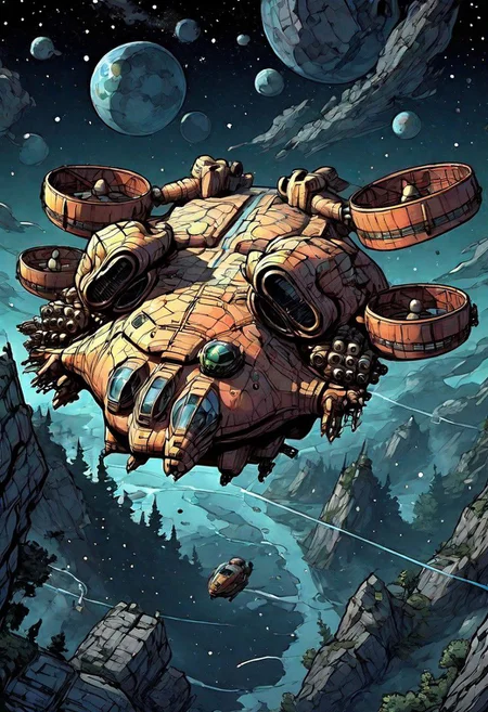 comic book Dragon Assult Ship (flying forward:1.2) in deep space
