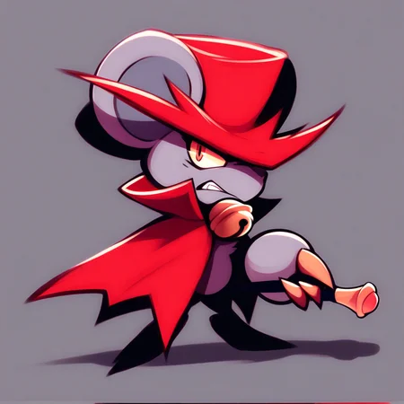 score_6_up, score_7_up, Daroach, Red hat, red cape, bell, standing, basass pose, holding cane, cloaked, looking at viewer, firey background, dark shadows, saturated colors, angry