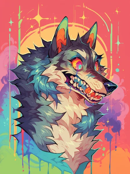 score_9, score_8_up, score_7_up, score_6_up,  <lora:br1ghtXLP:1> br1ght, trippy, rainbow, wolf,