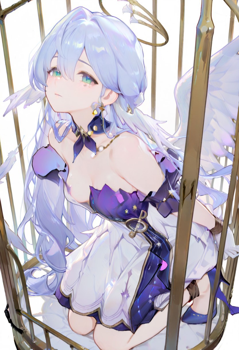 masterpiece, best quality, amazing quality, very aesthetic, absurdres, newest, volumetric lighting, female, female focus, simple background, white background, full body,1 girl, solo female, wings, angel wings, angelic smile,cage,inside a golden cage, tied up, bound arms, arms bound to the bars of the cage, a girl inside a cage with her arms bound, suggestive, nsfw
BREAK 
robin \(honkai: star rail\),sleeveless dress, halo, white gloves, earrings, detached sleeves, detached collar, head wings, blue pumps, looking at viewer, torn clothes, bare chest, boobs, undone clothes