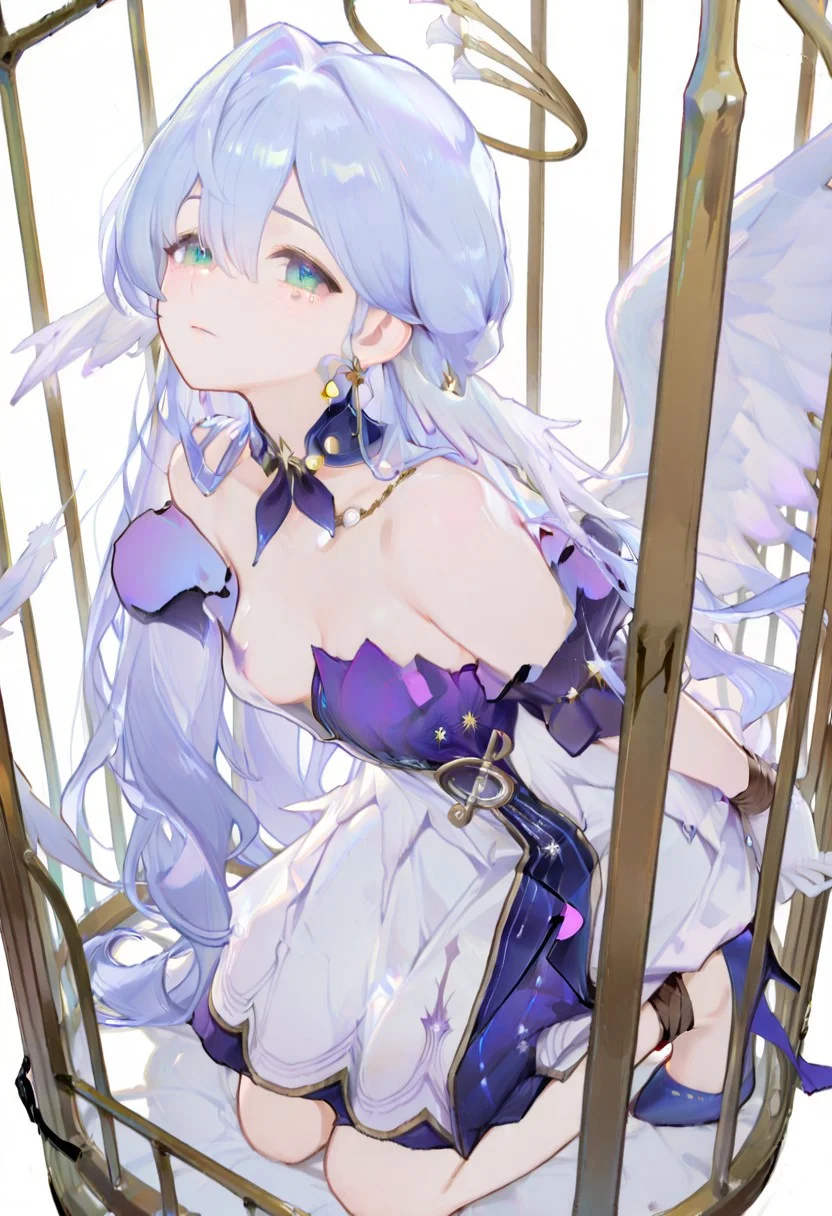 masterpiece, best quality, amazing quality, very aesthetic, absurdres, newest, volumetric lighting, female, female focus, simple background, white background, full body,1 girl, solo female, wings, angel wings, angelic smile,cage,inside a golden cage, tied up, bound arms, arms bound to the bars of the cage, a girl inside a cage with her arms bound, suggestive, nsfw
BREAK
robin \(honkai: star rail\),sleeveless dress, halo, white gloves, earrings, detached sleeves, detached collar, head wings, blue pumps, looking at viewer, torn clothes, bare chest, boobs, undone clothes