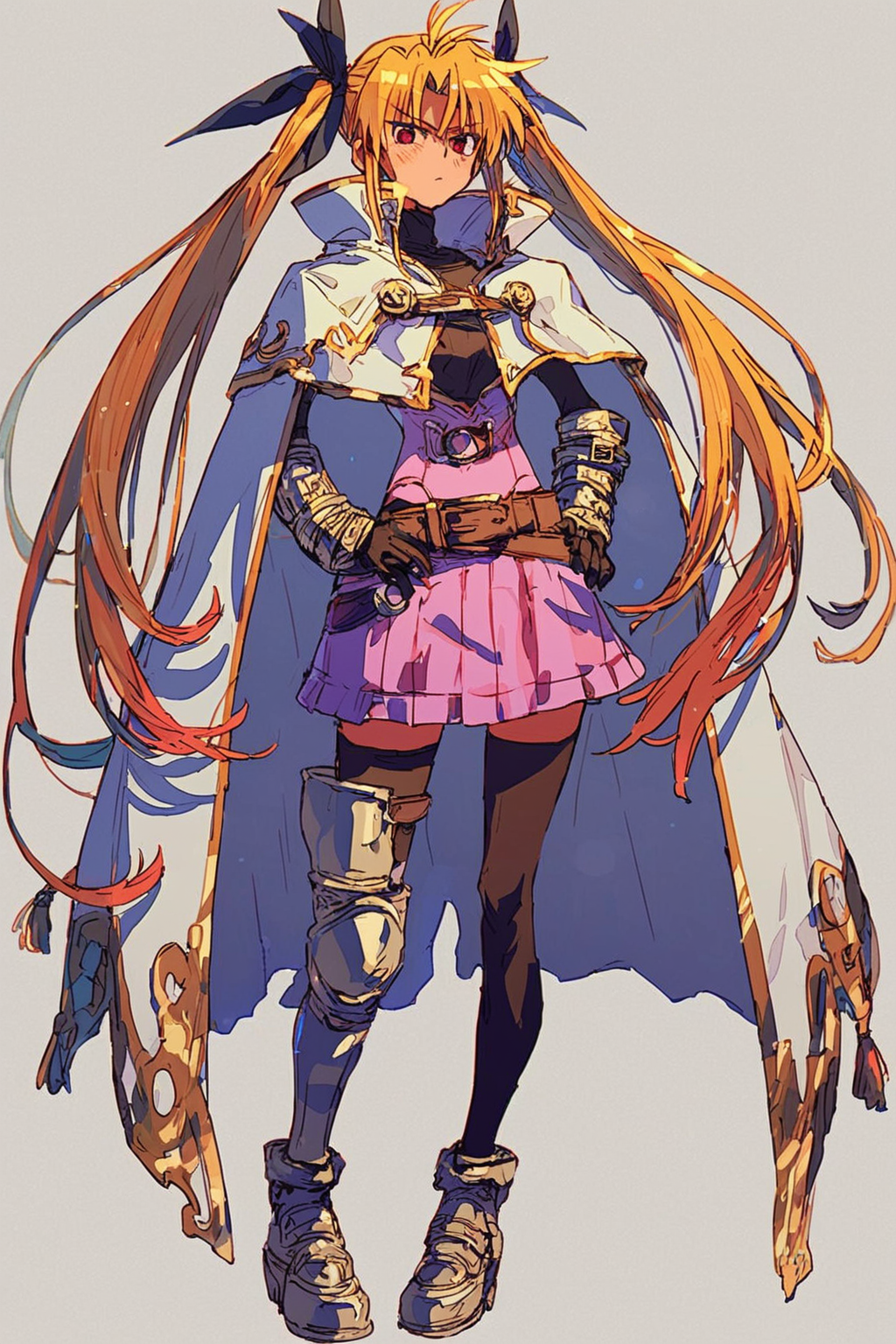 score_9, score_8_up, score_7_up, lyrical nanoha, fate testarossa, armored gloves, armored shoes, asymmetrical gloves, belt, black gloves, blonde hair, cape, gloves, leotard, leotard peek, pink skirt, red eyes, showgirl skirt, skirt, thighhighs, twintails, two-sided cape, two-sided fabric, white cape, solo, solo focus, portrait, detailed background,dark, white background, Standing with hands on the hips, looking determined, <lora:mizucx:1>