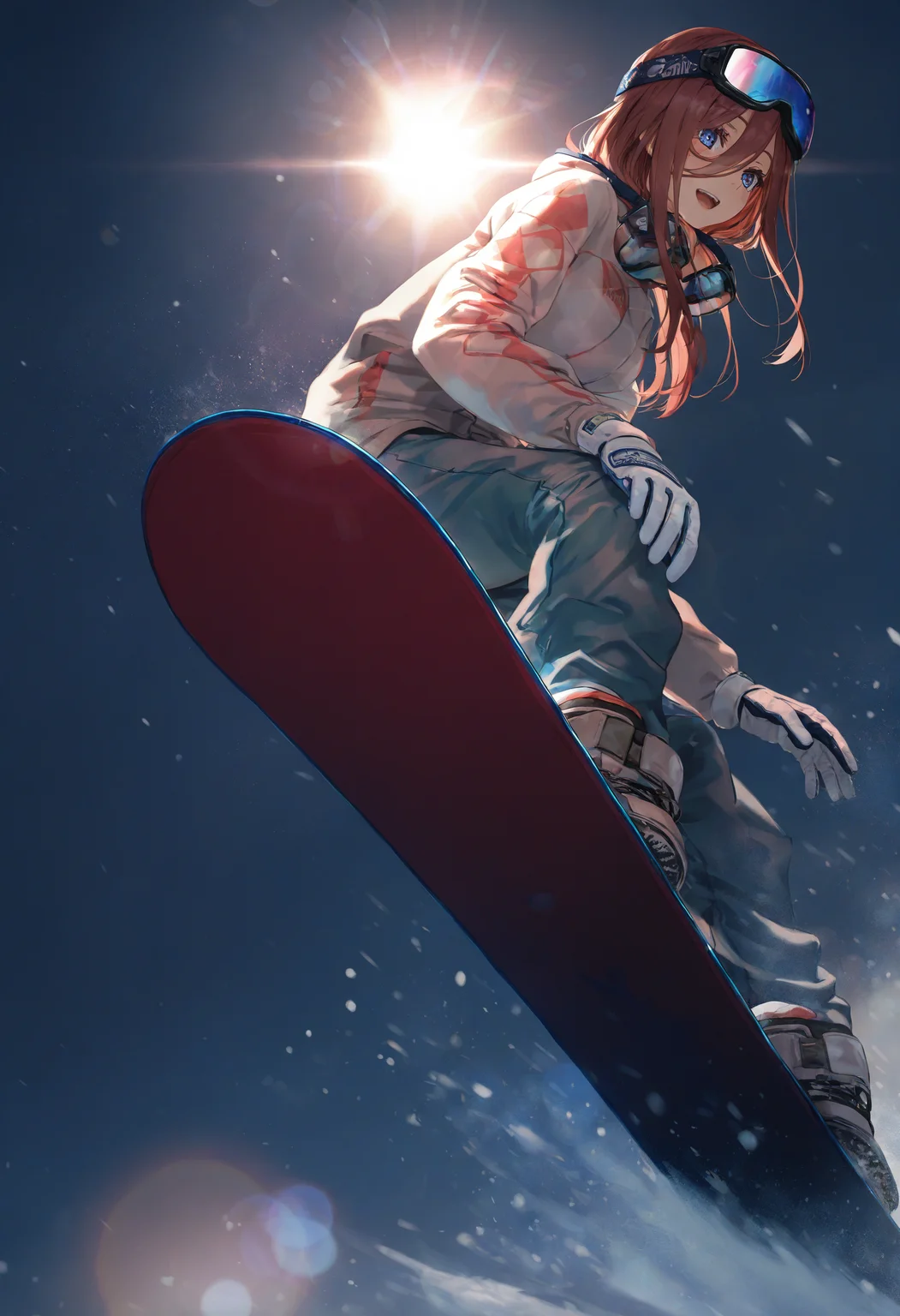 by [lack|fuzichoco|lam|kinta \(distortion\)|wlop|quasarcake|nixeu|happoubi jin|miyajima reiji],
snowboard, snowboarding, 1girl, nakano miku, solo, blue eyes, brown hair, white gloves, goggles on head, smile, hair between eyes, open mouth, long hair, ski goggles,
outdoors, snow, dark, backlighting, lens flare,
very awa, masterpiece, best quality, very aesthetic, absurdres
<lora:illustrious_noobai_epsilon_pred_11_winter_collection_v11:1>
