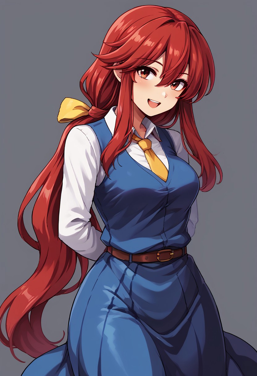 score_9, score_7_up, source_anime, source_cartoon, source_explicit, BREAK, colorful, aesthetic, illustration, kotohime (touhou), long hair, red hair, red eyebrows, hair between eyes, bangs, sidelocks, low-tied long hair, tied hair, low ponytail, hair ribbon, yellow ribbon, red eyes, breasts, white shirt, collared shirt, long sleeves, yellow necktie, blue vest, brown belt, blue skirt, hands behind back, open mouth, smile, teeth, simple background, looking at viewer, facing viewer, standing in front of viewer, standing