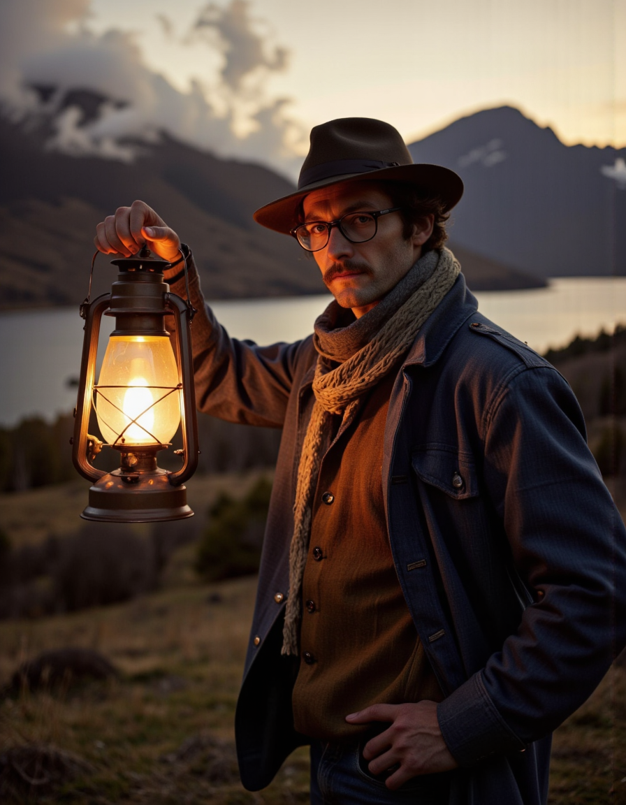 Artfie style. A photo-realistic shoot from the side about a man holding a lantern in a misty landscape during sunset. the image also shows a man standing in the middle of the image, wearing a hat, glasses, and a scarf, with a serious expression. the man is holding a kerosene lamp in his right hand, and his left hand is on his hip. he appears to be in his late twenties, with short brown hair and a mustache. he is wearing a blue jacket, a scarf around his neck, and glasses. the background is blurred, but it seems to be an outdoor setting with a lake and mountains in the distance. the lighting is soft and warm, casting a golden glow on the man's face and the surrounding landscape. the overall mood is somber and contemplative.