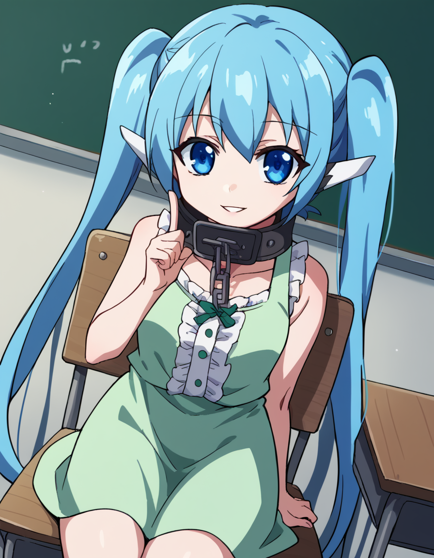 score_9, score_8_up, score_7_up, source_anime, <lora:otoshimono-nymph-s2-ponyxl-lora-nochekaiser:1>, nymph, long hair, blue eyes, twintails, blue hair, collar, chain,, dress, green dress, center frills, sleeveless,, classroom, chalkboard, daytime, studying, sitting, chair, desk, smile, <lora:finger-to-cheek-ponyxl-lora-nochekaiser:1>, finger to cheek, index finger raised, pointing at self, bedroom, parted lips, leaning forward, bent over, cowboy shot, dutch angle,, looking at viewer, solo,, dutch angle, cowboy shot