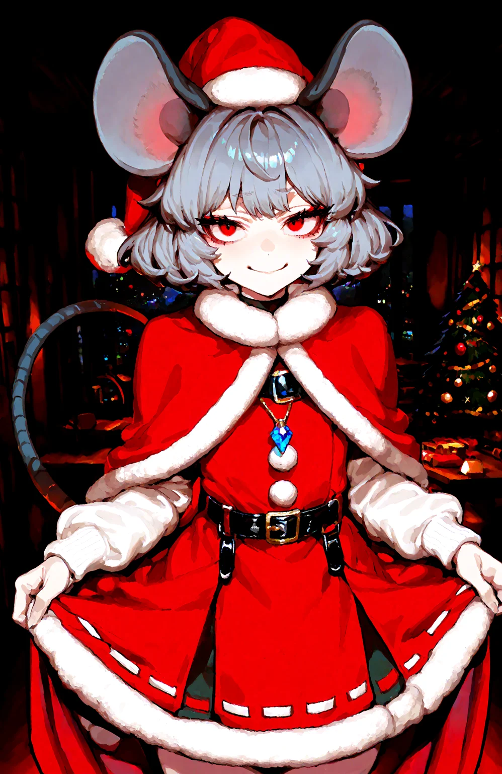 1 girl, nazrin , alternate_costume ,animal_ears ,belt ,belt_buckle ,black_belt, blue_gemstone, buckle, cape ,closed_mouth ,cowboy_shot ,dress ,film_grain ,fur-trimmed_dress, fur-trimmed_headwear ,fur_collar ,fur_trim ,gem ,grey_hair ,hat ,jewelry, long_sleeves, looking_at_viewer, mouse_ears ,mouse_girl ,mouse_tail ,no_nose ,pendant ,pom_pom_(clothes), red_cape, red_dress ,red_eyes, red_hat ,santa_costume ,santa_hat, short_hair,skirt_hold ,smile, solo, tail,
christmas_sweater, dark, night, indoors,
,Fishine, munakata_(sekimizu_kazuki),dekosukentr,kizuki_aruchu ï¼ireadingï¼kubo_tite_(style) ,
ï¼masterpiece, best quality, newest, absurdres, highres,
<lora:illustrious_noobai_epsilon_pred_1_best_quality_v1:0.4> ,<lora:illustrious_noobai_epsilon_pred_1_masterpieces_v1:0.4>, <lora:illustrious_noobai_epsilon_pred_11_very_aesthetic_v1:0.4>, <lora:ponyv5_noobV065S_1_adamW:0.6>, <lora:add-detail-xl:0.4>, <lora:GEN(illust) 0.2v:0.6>, <lora:USNR STYLE_XL_loha:0.6>, <lora:cfg_scale_boost:0.4>, <lora:christmas_sweater:0.8>