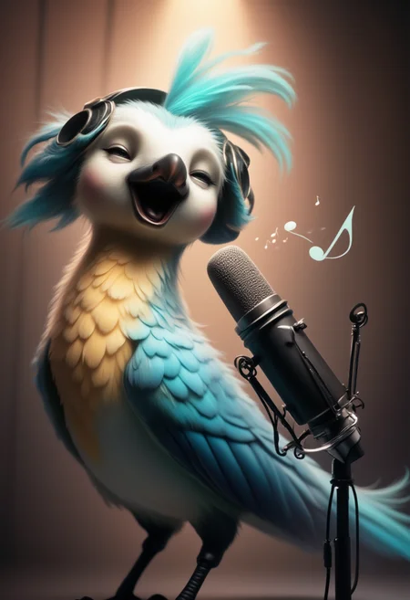 The anthropomorphic bird, wearing elegant headphones, stands proudly in front of a high-quality microphone and sings the song "O Sole Mio" with all his heart in a modern recording studio. Musical notes fly through the air. The soft, neutral-tinted lighting creates an atmosphere of concentration and calm, highlighting the bright blue feathers on his head and tail. His eyes are closed as he speaks into the microphone with clear passion and concentration, capturing the essence of his artistry. The background is a minimalist but artful blend of warm and cool tones, further emphasizing the presence and creativity of the central figure. This unique scene shows the beauty of combining animal and human elements in a modern, trendy setting. , <lora:glowing_flux.safetensors:1.0>, <lora:FluxDFaeTasticDetails.safetensors:1.0>,