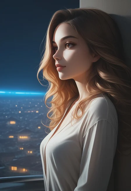 score_9, score_8_up, score_7_up, score_6_up, 1girl, solo, medium breasts, long hair, attractive, symmetrical face, soft structured facial features, night , (european:0.6), (brazilian:0.6), d3t41l3d, neodark, overlooking a city, flowing hair in the wind, from side