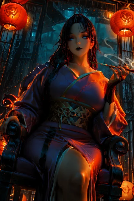 HDR, 8K, Ultra HD Wallpaper, 2.5D, high contrast, masterpiece, best quality, amazing quality, very aesthetic, ultra-detailed, absurdres, newest, scenery, stunning stylized portrait, <lora:GWZS-IL:0.8>, gwzs, detailed drawing, <lora:GEN(illust) 0.2v:0.3>,<lora:checkpoint-e18_s540:0.3>, manhwa, <lora:illustriousXL_stabilizer_v1.72:0.4>, Smooth Quality, (cinematic framing, low angle, dutch angle, cowboy shot:1.3), BREAK, <lora:uwakubo:0.9>, uwakubo, 1girl, solo, mature female, gorgeous face, long lashes, slender eyes, mesmerizing blue eyes, <lora:eye_focus:1>, black lips, tall, perfect body, pale white skin, flawless complexion, black nails, long hair, silky smooth hair, middle-parted hair, forehead, hair over the shoulder, golden hair tie, black hair, purple kimono, obi, layered kimono, bridal gauntlets, BREAK, mysterious and seductive, half-lidded eyes with a knowing smile, ethereal presence, (seated on a luxurious antique chair, one leg crossed, holding a traditional japanese smoking pipe:1.4), ethereal smoke curling around, BREAK, indoor, traditional Japanese tea house, (abandoned dark tea house, slightly open sliding doors, mist rolling in:1.4), faint glow of red paper lanterns, dim candlelight, shadows stretching unnaturally, BREAK, sharp focus, dimly lit, moody blue ambient lighting, partially illuminated, warm golden highlights from lanterns, subtle embers drifting in the air, soft cinematic glow, high color contrast, warm candlelight, dramatic cool shadows, cinematic color grading, intricate details, intricate textures, <lora:Detailer_NoobAI_Incrs_v1:1>, cinematic depth of field, ethereal beauty, <lora:cfg_scale_boost:0.8>, <lora:spo_sdxl_10ep_4k-data_lora_webui:1>.