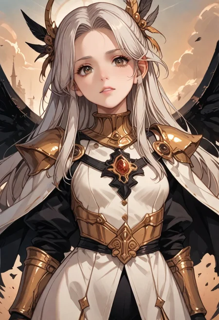 This high-quality digital artwork depicts a fierce, armored female warrior angel with long, flowing golden hair, holding an intricate glowing, ruined yellow long sword. She has large, black wings and is clad in intricately designed, dark metal armor that covers her torso and arms. Her expression is determined and powerful. The background features a sky high dark tower with a bizarre and horrifying architecture. The camera angle is low, looking up at the female warrior angel, emphasizing her imposing presence. The depth of field is shallow, keeping her in sharp focus while the background is slightly blurred. The overall aesthetic quality is very high, showcasing excellent use of lighting and composition.