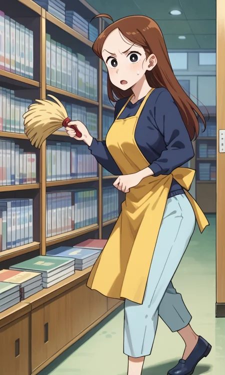 (1girl:1.5), (solo:1.3), (score_9, score_8_up, score_7_up, score_6_up, score_5_up, score_4_up), (source_anime), (rating_questionable), (book-nakamura), (black eyes, brown hair, long hair, ahoge, forehead, swept bangs), (dark blue sweater, light blue pants, yellow apron, no socks, dark blue footwear), (large breasts), <lora:book-nakamura-late_v1:0.8>, angry, closed eyes, open mouth, looking at viewer, sweatdrop,
indoors, bookstore, bookshelf, standing, legs apart, holding one duster, (from side:1.3), hand up, walking,