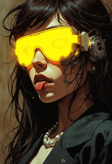 A highly detailed digital illustration in fantasy art, featuring a close-up of a woman with long, dark brown hair styled in a tousled, wild manner. Her face is partially obscured by a pair of futuristic, reflective sunglasses that glow with a vibrant yellow light, casting a striking contrast against her dark hair and pale skin. She has full lips, painted with deep red lipstick, and her tongue is slightly protruding, adding a provocative and daring element to the image. The woman wears a dark, possibly black, blazer that contrasts with the bright yellow glow from her glasses, enhancing her bold presence. Around her neck is a delicate, pearl necklace, which adds a touch of elegance to her otherwise edgy, modern look. The background features a muted, dark brown tone, suggesting an indoor setting with minimal lighting, further emphasizing the radiant yellow glow of her sunglasses. The overall composition and lighting create a dramatic, mysterious atmosphere, highlighting the woman’s fierce and stylish appearance within a fantastical and otherworldly context.
