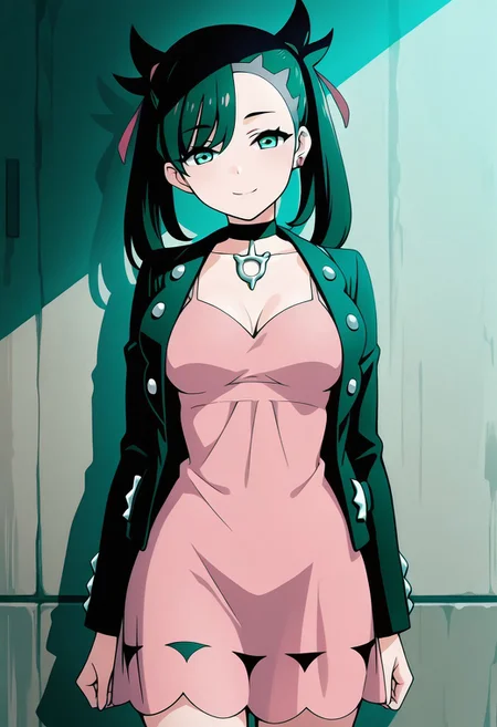 masterpiece, best quality, medium breasts, BREAK, zzMarnie, aqua eyes, black choker, red ribbon, pink dress, jewelry, black jacket, open clothes, long sleeves, <lora:MarniePokemonIllustrious:1.0>, smile, looking at viewer, cowboy shot, <lora:ShoujoRamuneIXL:1.0>,