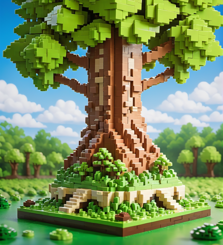 Lego pixel art,lego,forest scene,large trees,sunny day,blue sky,green landscape,lego bricks,nature,outdoors,miniature scale,clouds,detailed model,whimsical,toy building blocks,lush vegetation,foliage,tree canopy,play set,diorama,creative design,artistic craftsmanship,<lora:å¾®ååç´ -000009:0.6>,
