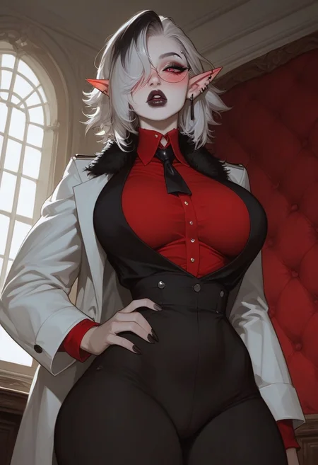score_9, score_8_up, score_7_up, extremely detailed, sharp focus, HD, 1girl, solo, ((Very Pale skin)), Mature Woman, Thick body, (huge Natural breasts), very soft breasts, (big round bubble butt), thick thighs, skindentation, big pleading eyes, pursed lips, parted Lips, full lips, blush, Long pointy ears, goth, ((Medium Hair)), messy hair, Very Long bangs, (bangs covering one eye), (white Hair, black Highlights in hair), black Eyeshadow, black Lipstick, Purple eyes, inside, mafia House, White pillars, window in background, detailed Background, Standing, studded collar, Boss bitch, Mafia Boss, ((Red tight Shirt)), (black vest), tight black pants, one Hand on hips, stylish, arrogant, sexy, Front View (White coat around shoulders, fuzzy coat collar), black tiny Glasses, Angle From below,