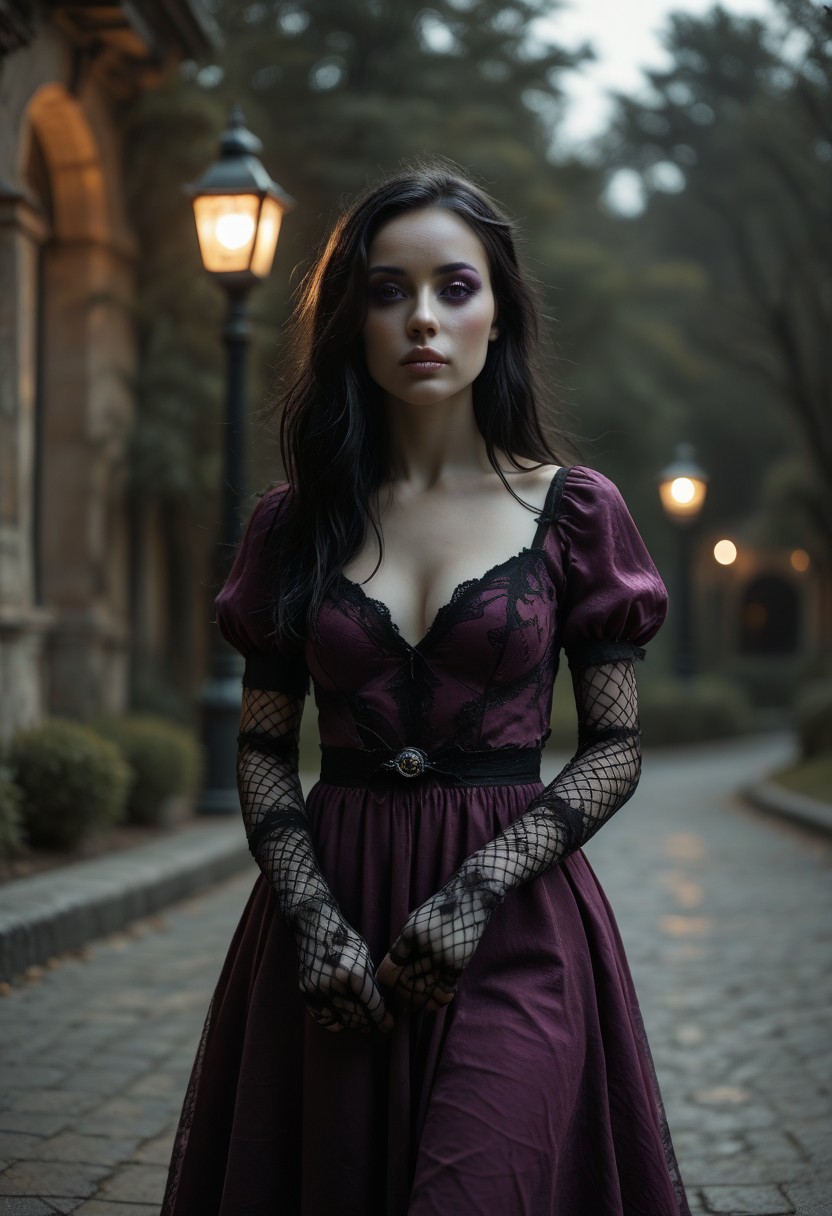 masterpiece, ultra-HD, cinematic lighting, photorealistic, impressionism (1.5), high detail, depth of field, (blurred background), (dramatic lighting), best quality, very aesthetic,  realistic,  8k, 
, simple_background, 1girl, ha1ku, cute,
, kawaii girl, sexy, standing , outdoors, night, spotlight, lamppost, goth, pale skin, black hair, long hair, hair over one eye, purple eyeshadow, purple dress, puffy sleeves, fishnet gloves, from below, dutch angle, aidmafluxpro1.1, aidmaMJ6.1