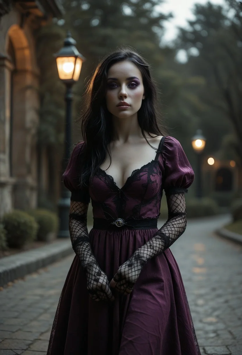 masterpiece, ultra-HD, cinematic lighting, photorealistic, impressionism (1.5), high detail, depth of field, (blurred background), (dramatic lighting), best quality, very aesthetic, realistic, 8k,
, simple_background, 1girl, ha1ku, cute,
, kawaii girl, sexy, standing , outdoors, night, spotlight, lamppost, goth, pale skin, black hair, long hair, hair over one eye, purple eyeshadow, purple dress, puffy sleeves, fishnet gloves, from below, dutch angle, aidmafluxpro1.1, aidmaMJ6.1