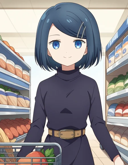 score_9, score_8_up, score_7_up, source_anime, <lora:dungeonpeople-clay-s1-ponyxl-lora-nochekaiser:1>, clay, short hair, blue eyes, black hair, hair ornament, blue hair, hairclip, swept bangs,, dress, belt, long sleeves, turtleneck,, grocery store, shopping cart, picking fruits, everyday life, , smile, looking at viewer, smile, solo,, cowboy shot, dutch angle