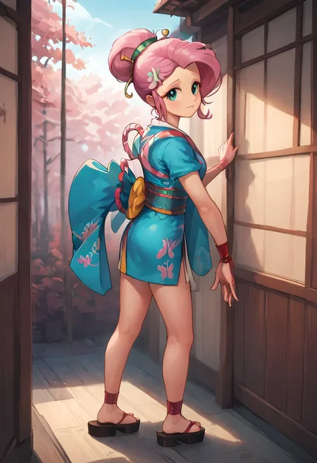 SFW, rating_all, score_10, score_8_up, score_7_up, Equestria girls, (((human))), 1female, (((solo))), (((Fluttershy) cosplaying) as Ayame), short hair, bangs, (pink hair), hair ornament, short sleeves, sidelocks, japanese clothes, kimono, hair bun, (aqua eyes), sash, obi, sandals, single hair bun, rope, hair stick, short kimono, platform footwear, ankle wrap, slender, (((spanking self in a taunting manner))), detailed, vector, flat colors