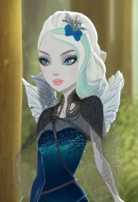 Expressiveh, (Masterpiece, best quality:1.5), score_9, score_9_up, solo, , soft shading, strong lighting,  (anatomically correct),  best high quality, high res,  jewelry, cute, beautiful, (ultra realistic,32k, masterpiece:1.2),(high detailed skin:1.1),( high quality:1.1,  blue eyes, (looking at viewer, portrait:1.1), <lora:add_detail:0.95>, (moody lighting:1.1), sexy, 1girl, 25 years old, full body visible, irl, realistic style,   jewelry, necklace, clothes, seductive pose, seductive look, outdoors, posing,   face focus,  outdoors, mix4, faybelle, lace fairy wings, white hair, grey skin, ponytail, BadDream, lace clothes, dark blue top, blue pants, cyan boots