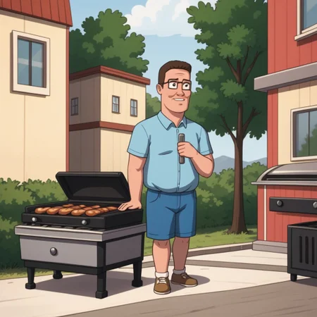 hank hill standing at a barbecue grill, outdoors on a sunny day, ((a giant propane molecule floats in the air)),