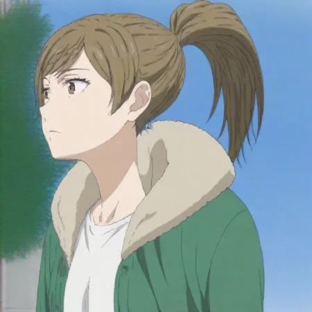 medium-long hair, dark blonde hair, ponytail, , brown eyes, Mao Aihara