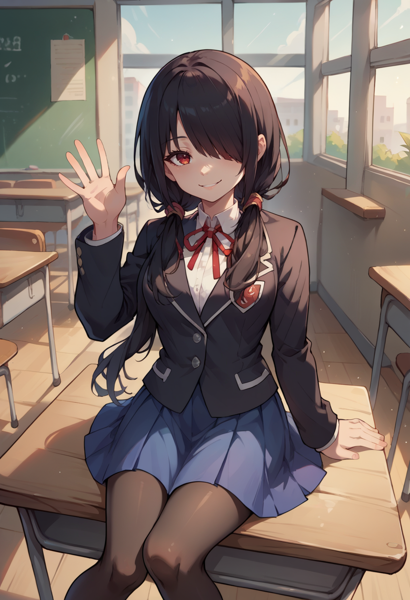 score_9, score_8_up, score_7_up, source_anime, KurumiSchool, black hair, low twintails, hair over one eye, red eye, school uniform, black jacket, blue skirt, neck ribbon, black pantyhose, sitting, indoors, classroom, smile, waving at viewer, <lora:CHAR-TokisakiKurumiPonyXL:1>