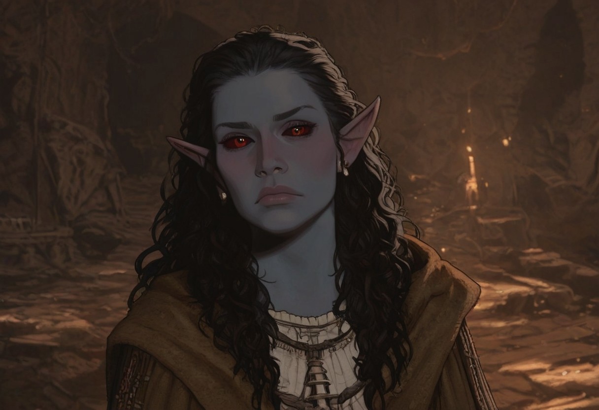 solo, short pointy ears, piercings, random elf face, aquiline features, male dark elf, masculine, beard, weathered skin, large nose, athletic build,  animated realism, zoomed out, Syrian features, torso, brass pipes and gears, intricate architecture, dwarven masonry, dwemer fixtures, white-green light, gloomy lighting, ancient ruins, interior, stone tiled floor, grey-blue skin, mahogany and ivory clothes, medium armor, bone plate armor, ivory straps and fittings, grey wood neckguard, dark red sclera, black pupils, distant mushroom forest, blue-green light, neon, highly detailed, defined features, looking at viewer, three quarters view, from front, dynamic lighting, 36 years old, light and shadows, patterned cloth, annoyed expression, expressive eyes, detailed medieval clothes, long hair, wavy hair, thick hair, beaded hair, braided hair, under cut hair, semirealistic, alien elf, spanish features, jewish features, black hair, dark red hair, umber skin, sharp features, pastel green berber print cloak, nighttime, high detail, absurdres, pretty eyes, detailed eyes, red eyes,