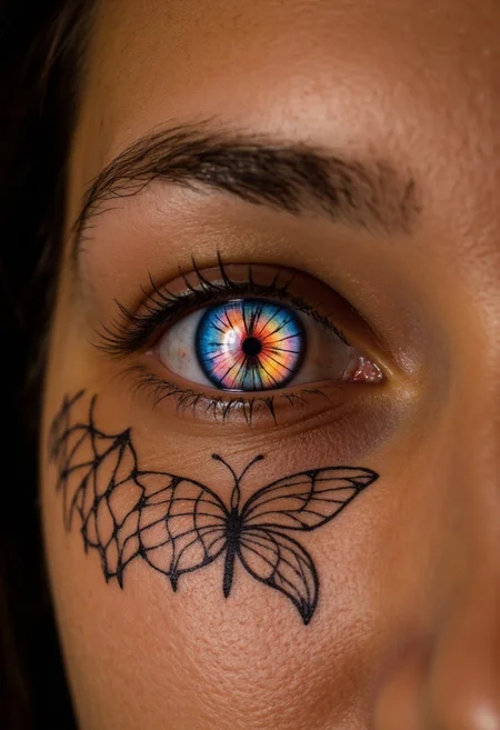 An ultra-close-up of a woman’s eye, the iris a glowing stained-glass butterfly, with vibrant blues and oranges forming wings, tiny lead lines glowing inside. A tattoo of a black butterfly net with delicate lines encircles the sclera, its netting blending into the iris’s wings, as if trying to capture the butterfly. The pupil is a dark cocoon, holding the glow, shot in a soft orange glow with a Sony A9 II, .arw file, letting the butterfly and net tattoo overtake the image.
, aidmarealisticskin, aidmaHyperrealism, aidmawomanbodytattoo