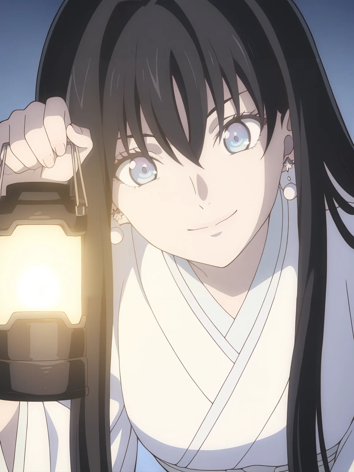 <lora:Yuki-Onna:0.8>yuki_onna, 1girl, solo, black and white long hair, blue eyes, white earrings, long white kimono, smile, holding lantern, closed mouth, satisfied, content, leaning forward, head tilt, tent, lantern lighting, close-up, looking at viewer