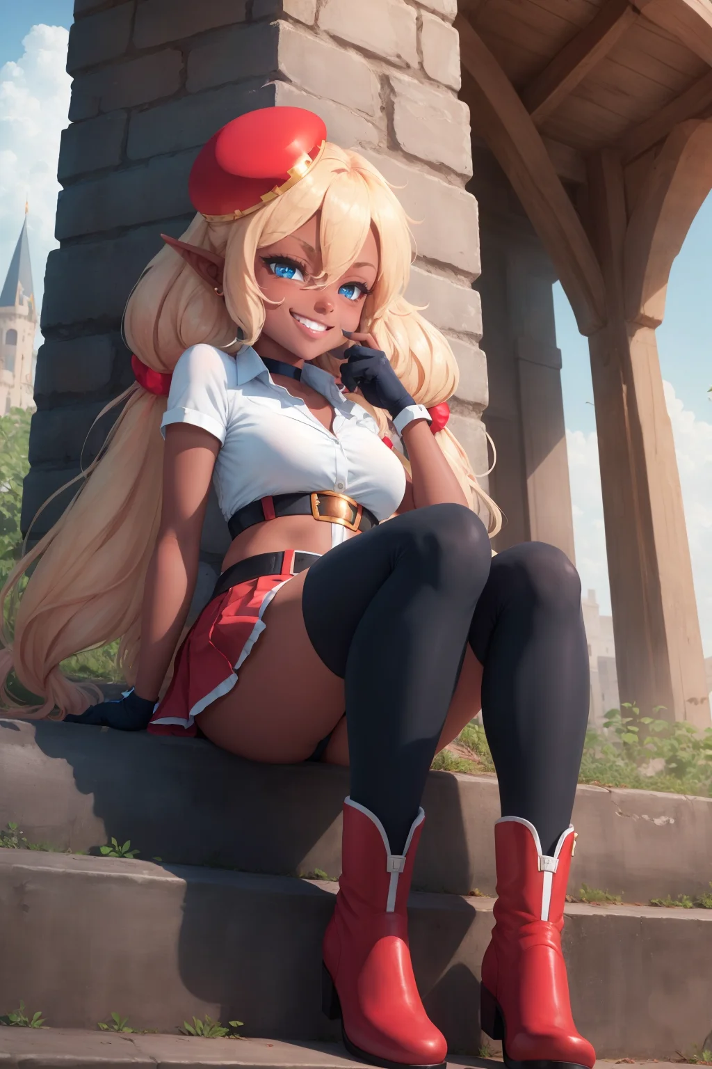 masterpiece, best quality, evangeline, twintails, beret, choker, white shirt, fingerless gloves, belt, red skirt, black thighhighs, red boots, sitting, castle, looking down, smug, smirk, laughing, looking at viewer, from below <lora:evangeline-nvwls-v1-000010:0.9>
