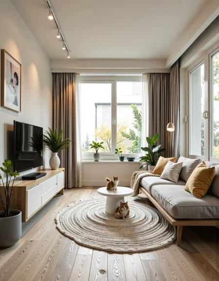 A photo of a cozy and stylish living room in a 30 sq.m studio apartment, designed in modern minimalism with personality and warmth. Light grey porcelain tile flooring with white oak wood texture, white soft rug in the center. A comfortable light-grey sofa against the far wall (opposite the window), floating TV console on the left wall under a flat-screen TV. the wall behind the TV has a stylish design solution, highlighting the TV area in a special way.
One large window on the right side lets in natural soft daylight. The walls are painted light beige with a textured plaster finish. Add warm indirect lighting, a few green indoor plants, and artistic decor with soul — like handmade art or a personal photo. No yellow tint, keep colors neutral and soft. Include a real-looking playful cat on the rug or sofa, not stylized. The space should feel peaceful, lived-in, and personal — not like a showroom. The overall decor combines modern and classic elements, creating a serene atmosphere. <lora:fluxenhancer:0.9> <lora:CTAI-I.Japandi:1> CTAi Interior Japandi