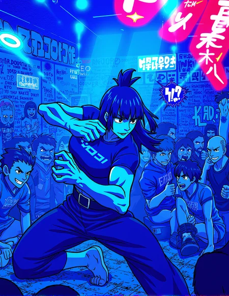 Underground anime fight club lit by neon blues and reds, graffiti-covered walls, intense fighters in dynamic poses mid-battle. The scene has exaggerated, angular poses with characters sweating and showing fierce determination, while the energetic crowd cheers, the background a blur to focus on the action. <lora:xlranime-sushio:0.5>