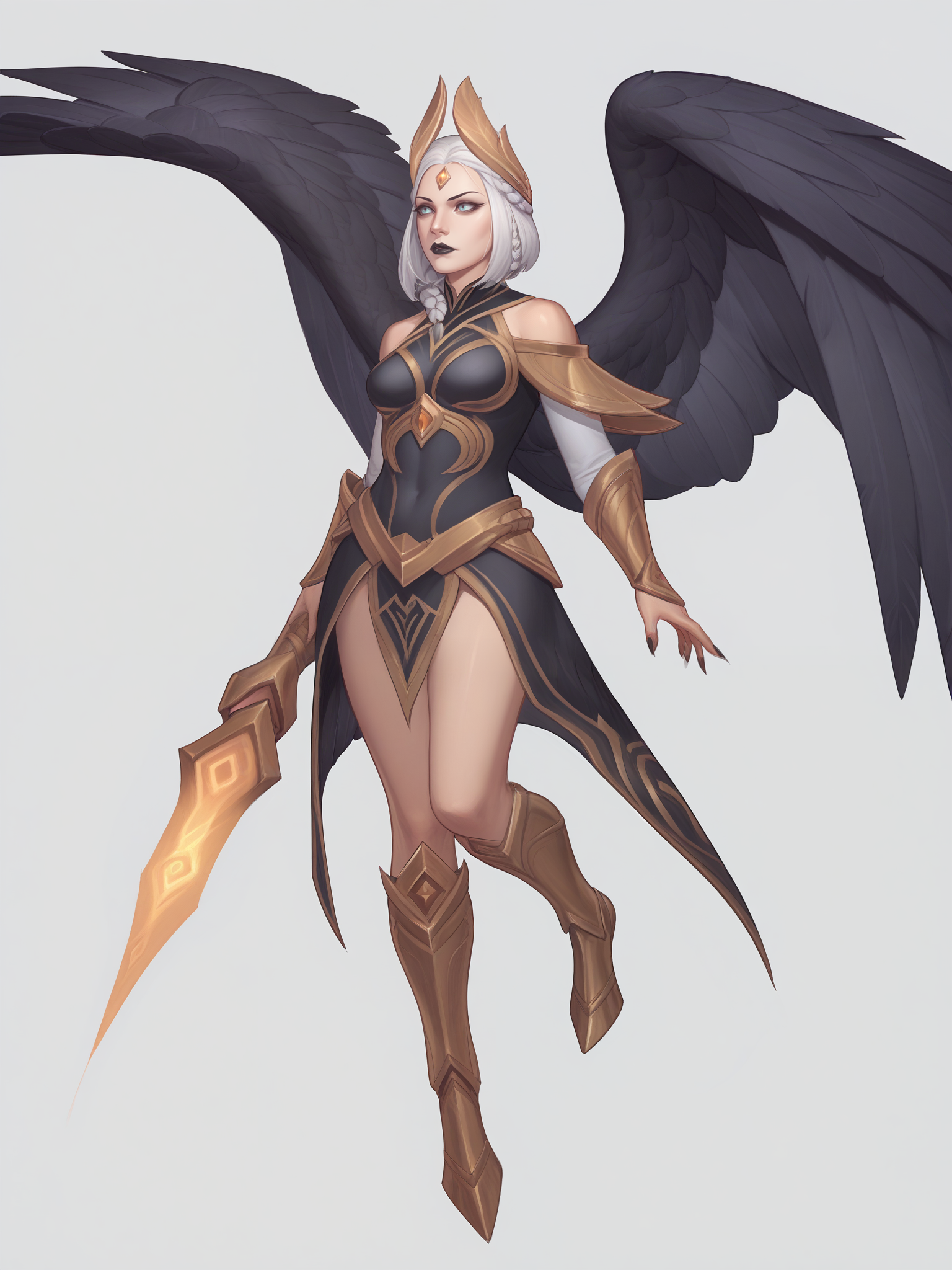 score_9, score_8_up, score_7_up, dark river material background, simple background,1girl, queenimperiadota, white hair, black lips, medium breasts, large breasts, monster girl, feathers, braid, legs, bare shoulders, wings, <lora:queenimperiadota:0.7>  <lora:AsuraLycoXL:1>