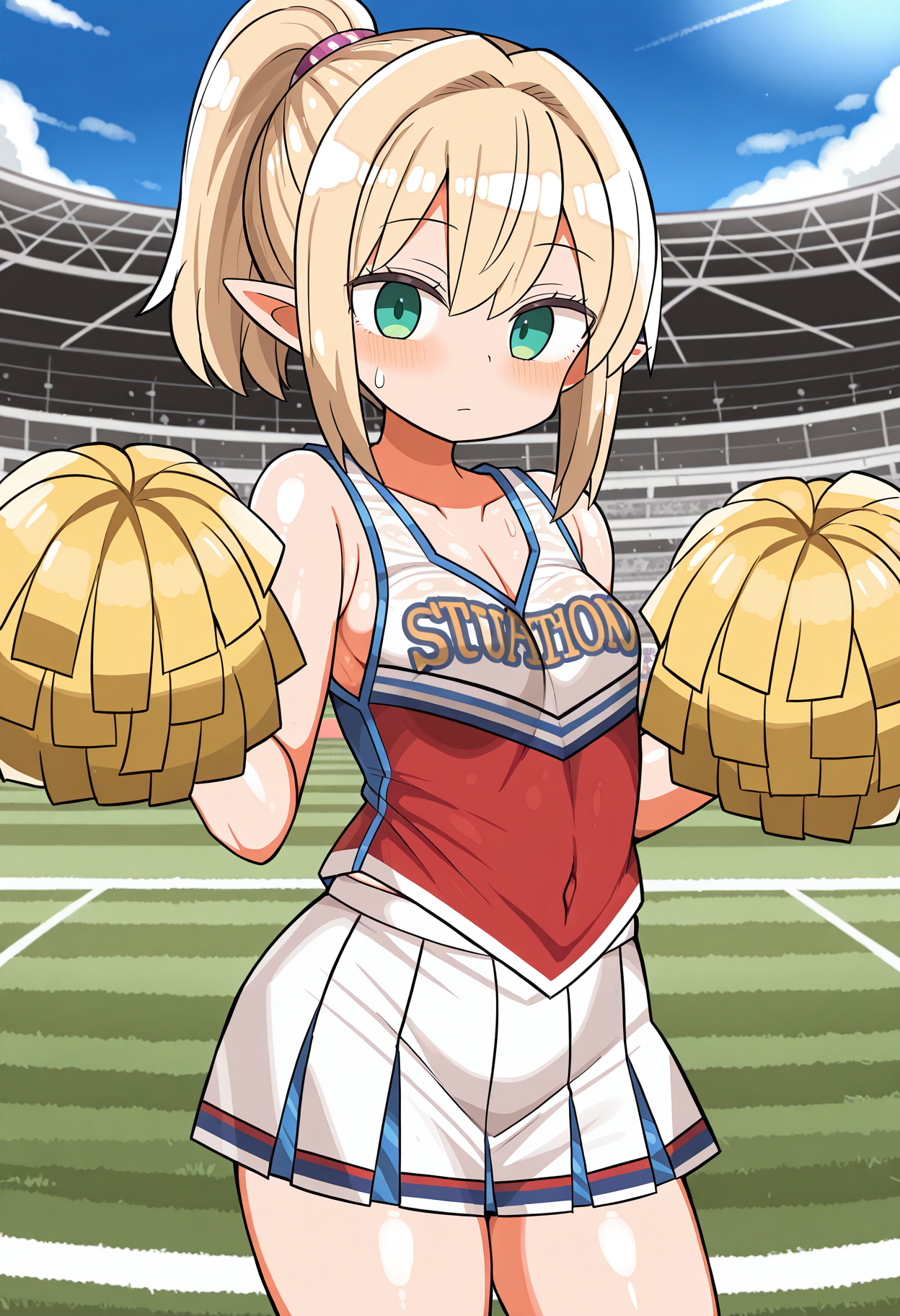 masterpiece,best quality,amazing quality,
1girl,pointed ears, blonde, green eyes, flat breasts, short bang ponytail,
standing, showing herself, fully clothed:1.3, stadion, cowboy shot, cheerleader,
<lora:kanikamaIL-style:1>, kanikamastyle,