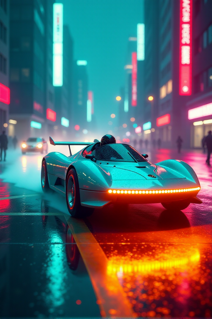Hovercar Race portrayed in a Futuristic Neon Flare setting, where artificial lights create lens flares in a cyberpunk cityscape. Employ electric Teal and Orange to enhance the modern, high-tech atmosphereâââ