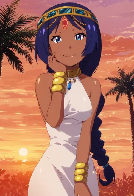 score_9, score_8_up, score_8, medium breasts, (curvy), cute, eyelashes,
BREAK,
,,,
zzSerket, dark skin, large breasts, long white dress, bare shoulders, jewelry, very long hair, bracelet, single braid, circlet,,
,,,
BREAK,
smile, looking at viewer, cowboy shot, outdoors, sunny day, sky, day, cloud, tree, blue sky, sunny,
Expressiveh,